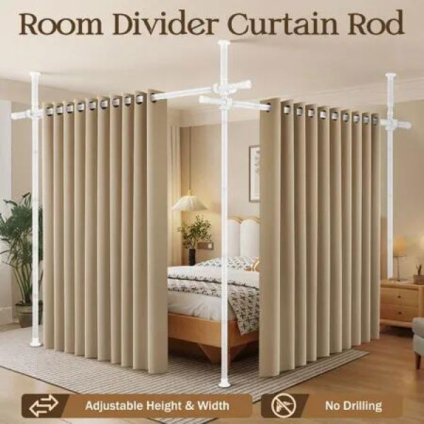 Room Divider Curtain Rod Tension No Drill Temporary Wall Partition Separation Privacy Separator Adjustable Floor to Ceiling Office Living Sitting Space