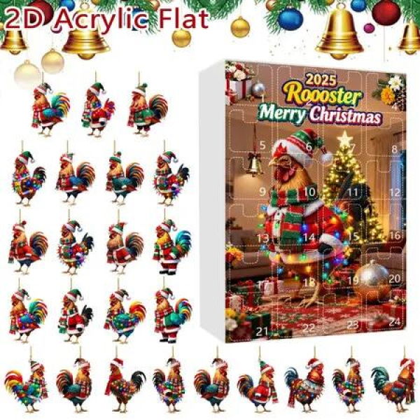 Rooster Christmas Advent Calendar with 24 Unique Ornaments Featuring Festive Santa Hat and Scarf Designs for Holiday Countdown Celebration