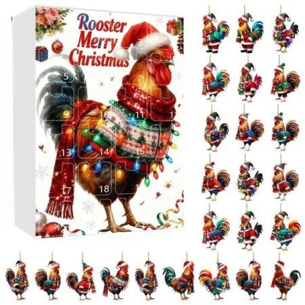Rooster Christmas Advent Calendar with 24 Unique Ornaments Featuring Festive Santa Hat and Scarf Designs for Holiday Countdown Celebration