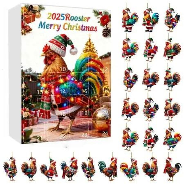 Rooster Christmas Advent Calendar with 24 Unique Ornaments Featuring Festive Santa Hat and Scarf Designs for Holiday Countdown Celebration