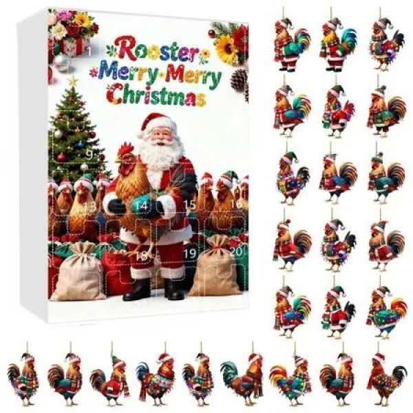 Rooster Christmas Advent Calendar with 24 Unique Ornaments Featuring Festive Santa Hat and Scarf Designs for Holiday Countdown Celebration