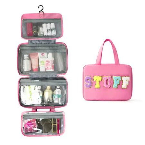 Rose Red Large Capacity Cosmetic Four Foldable Bag Hand Carried Foldable Wet Dry Portable Hanging Toiletries