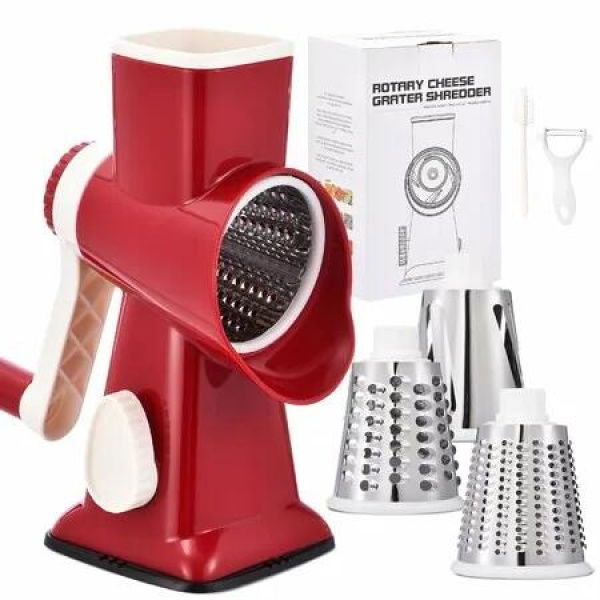 Rotary Cheese Grater Hand Crank Cheese Shredder Vegetable Mandoline Slicer for Kitchen 3 in 1 Changeable Blades for Cheese Potato Nuts Chocolate Ice