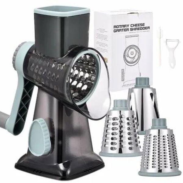 Rotary Cheese Grater Hand Crank Cheese Shredder Vegetable Mandoline Slicer for Kitchen 3 in 1 Changeable Blades for Cheese Potato Nuts Chocolate Ice