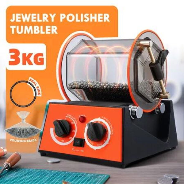 Rotary Tumbler Jewelry Gemstone Surface Polisher Machine Finisher 3kg Jewels Rings Necklaces Coins Gems Polishing Buffing Grinding DIY 5 Speeds Timer