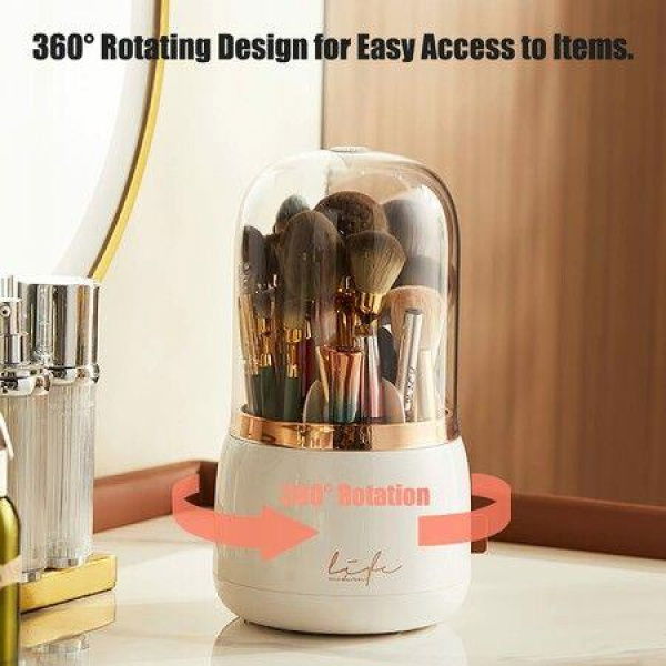 Rotating 360 Makeup Brush Holder Organizer Box With Lid Storage Dust Acrylic Cosmetics Holders Storage Cup (White)