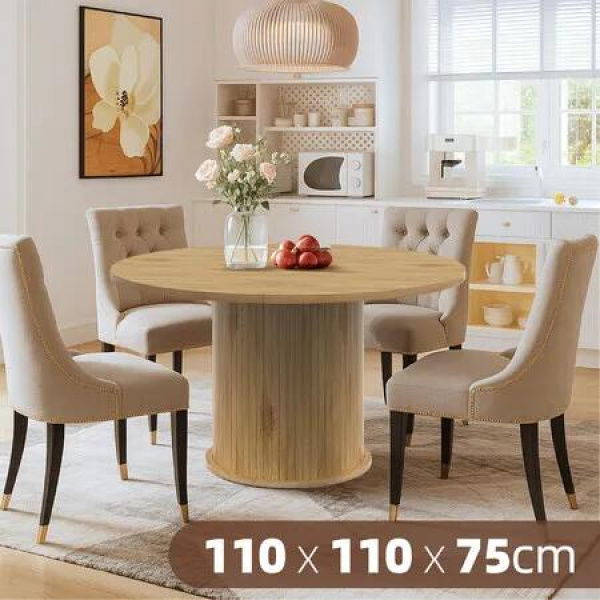 Round Dining Table Farmhouse Kitchen Coffee Breakfast Room Diner Drink Modern Wooden Accent Circle Desk Furniture Metal Base Restaurant Office 110cm