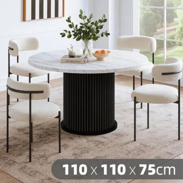 Round Dining Table Modern Coffee Room Kitchen Breakfast Diner Wood Accent End Circle Desk Furniture Restaurant Office 110cm Marble Tabletop Metal Base