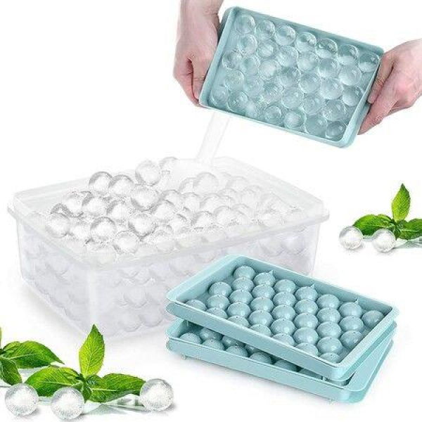 Round Ice Cube Tray With Lid Ice Ball Maker Mold For Freezer (3 Blue Trays)