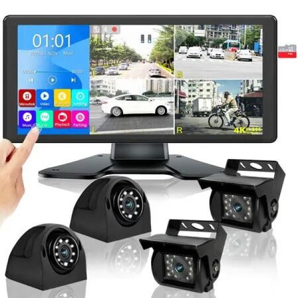 RV Backup Camera System with 10.36 Inch 4K Monitor, 4 Rear/Side View 1080P HD Cameras 4 Splits Touch Screen DVR Recording IP69 Waterproof