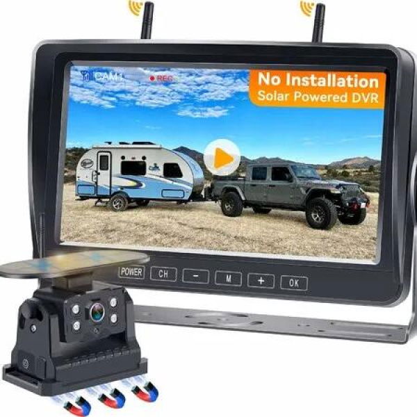 RV Backup Camera Wireless No-Installation HD 1080P Solar RV Camera Long Battery Life with 7 Inch Recording Monitor Strong Magnetic Rear View Camera