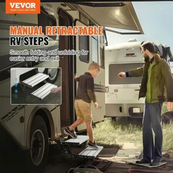 RV Steps, 2-Step, Manual Retractable RV Stairs, Foldable, 440 LBS Load Capacity, Aluminum Alloy Steps, Thickened Steel Plate, Non-Slip Steps for Safe Entry and Exit, RV, Trailer, Camper Steps