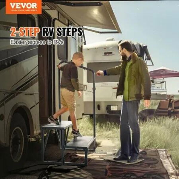 RV Steps, 2-Step RV Stairs, 199.58KGS Load Capacity, Thickened Carbon Steel, With Handrail, Non-Slip Steps for Safe Entry and Exit, Suit for RV, Trailer, Camper Steps