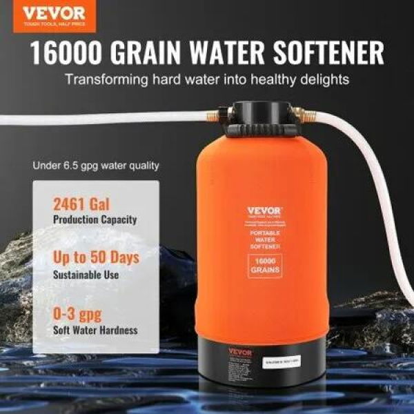 RV Water Softener, 16,000 Grain Portable Water Softener, with 3/4' Brass Fittings and 42' Hose, Soften Hard Water Filter System for RVs, Trailers, Boats, Mobile Car Washing, Pressure Washing