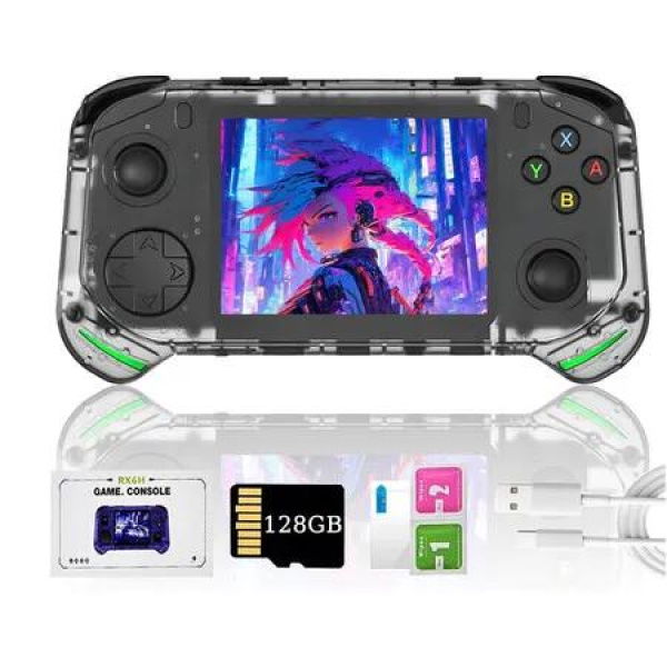 RX6H Handheld Game Console with 128G TF Card, Open Source Linux System 3.5 Inch 640*480 IPS Screen Retro Handheld Video Game Player, Black