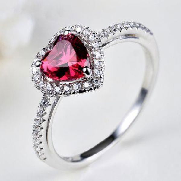 S925 Sterling Silver Heart Shaped Simulated Red Garnet Promise With Cubic Zulastone