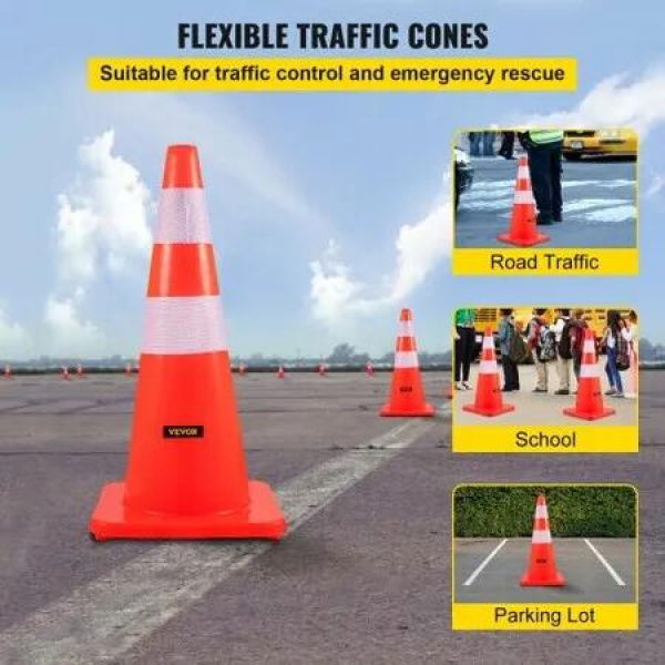 Safety Cones 28 in/73 cm Height 10 PCS PVC Orange Traffic Cone with 2 Reflective Collars and Weighted Base Used for Traffic Control Driveway Road Parking