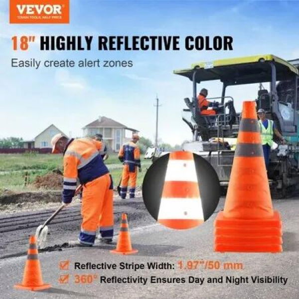 Safety Cones 4 Pack 18 inch Collapsible Traffic Cones Construction Cones with Reflective Collars Wide Base and A Storage Bag for Traffic Control Driving