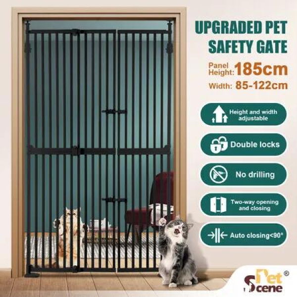 Safety Gate Retractable Pet Dog Cat Extra Tall Fence Enclosure Guard Security Barrier Fencing for Stairs Doorway Kitchen 190 to 250cm Black