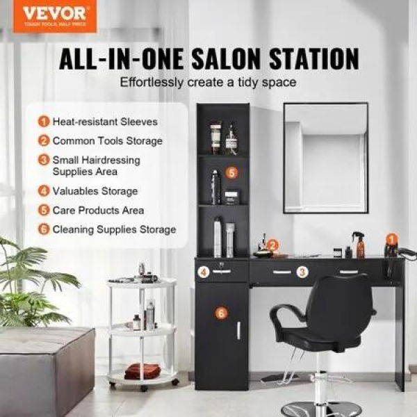 Salon Station Wall Mount Barber Salon Station for Hair Stylist Beauty Spa Furniture Set 1 Storage Cabinet 3 Open Cubbies and 3 Drawers(One Lockable) Black