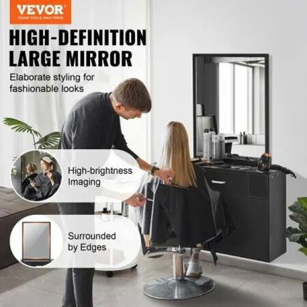 Salon Storage Cabinet Wall Mounted Barber Salon Station for Hair Stylist Hair Stylist Station Set with 3 Sleeves A Mirror Double-door Cabinet and A Drawer Black