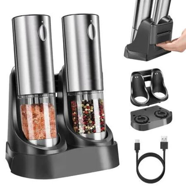 Salt Pepper Grinder Electric Set Automatic Mill Dual Charging Station Adjustable Coarseness LED Light Kitchen Spice Shaker