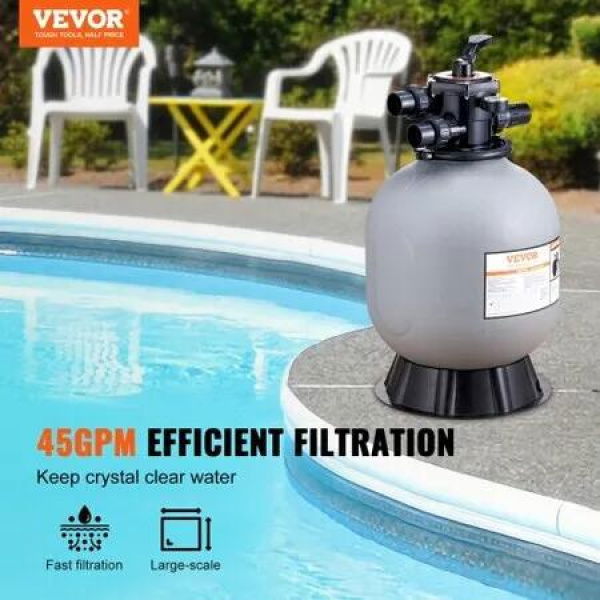 Sand Filter 19-inch 482.6mm Up to 45 GPM Flow Rate Above Inground Swimming Pool Sand Filter System with 7-Way Multi-Port Valve Filter Backwash Rinse Recirculate Waste Winter Closed Functions