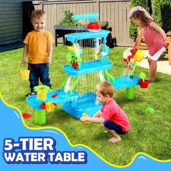 Sand Water Play Table 5 Tier Waterfall Pool Toys Sandpit Education Beach Activity Summer Outdoor Backyard Kids Playset