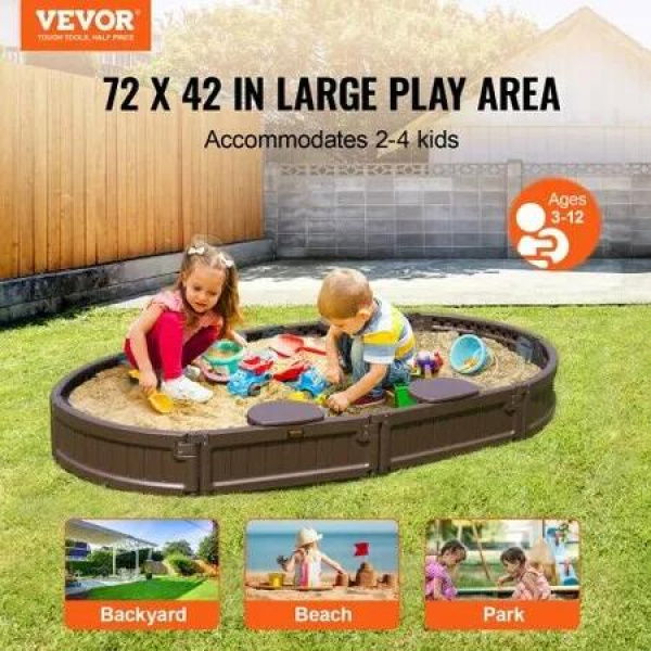 Sandbox with Cover 72 x 41.5 x 9.1 in Oval Sand Box HDPE Sand Pit with 4 Corner Seating and Bottom Liner Kids Sandbox for Outdoor Backyard Beach Park