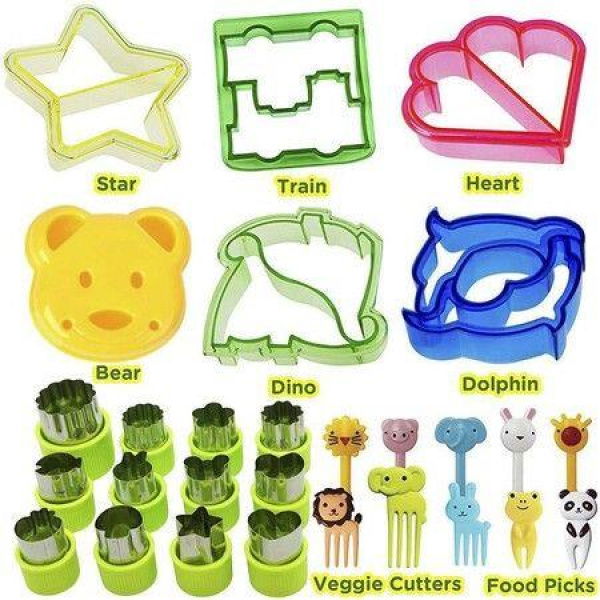 Sandwich Cutters For Kids 28-Piece Set 5 Plastic Sandwich Mold 1bear Bread Mold 1large Fruit Cutter 11small Fruit Cutter 10 Cartoon Fruit Fork