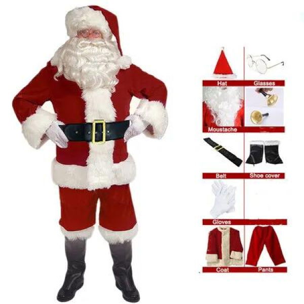 Santa Costume Christmas Suit Claus Outfit 9pcs XL Festive DressUp Jolly Style Men Women