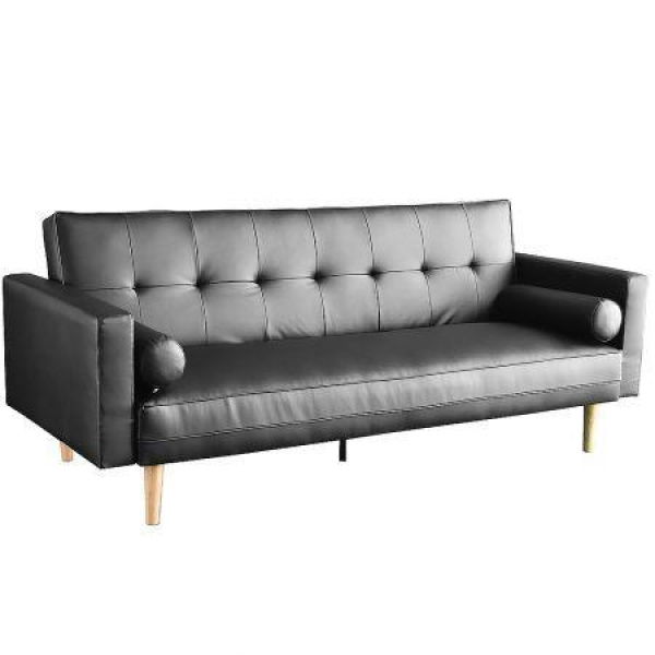 Sarantino 3 Seater Faux Leather Sofa Bed Couch With Pillows - Black