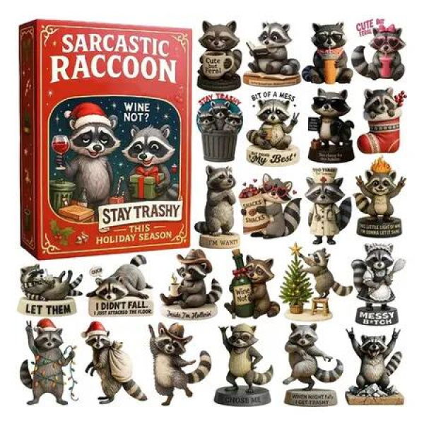 Sarcastic Raccoon Advents Countdown, 2D Acrylic Christmas Calendar Decoration, 24 Days Animal Ornament Countdown Calendar for Holiday, Parties Favors