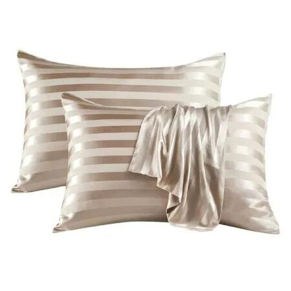 Satin Pillowcase Set of 2 Silk Pillow Cases For Hair and Skin Striped Rectangular Pillowcase 2 Pack with Envelope Closure (51*66cm khaki)