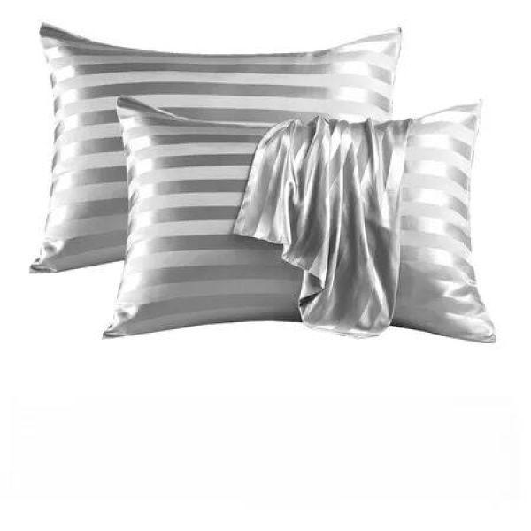 Satin Pillowcase Set of 2 Silk Pillow Cases For Hair and Skin Striped Rectangular Pillowcase 2 Pack with Envelope Closure (51*76cm Light Grey)