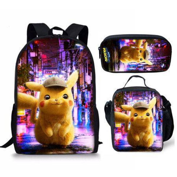 Schoolbag Cartoon Cute Pikachu Primary School Student Backpack+Shoulder Bag+Pencil Case