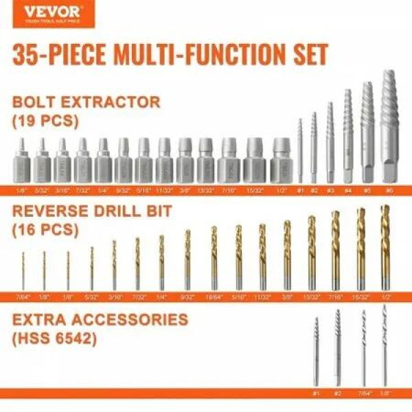 Screw Extractor with Drill Bit Set, 35-Piece Bolt Extractor Kit, 19 PCS Bolt Extractors and 16 PCS Reverse HSS Drill Bits, with Storage Case, for Removing Damaged Bolts, Screws, and Nuts