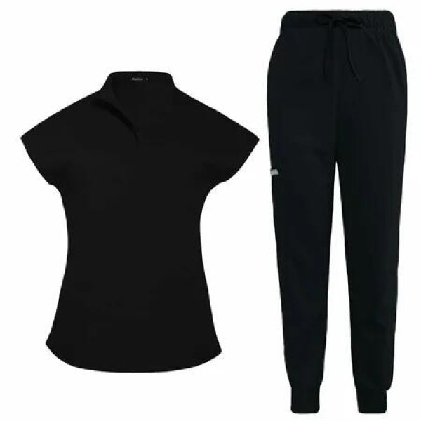 Scrubs Set for Women Nurse Uniform Jogger Suit Stretch Top & Pants with Multi Pocket for Nurse Esthetician Workwear (Black,Size:Large)