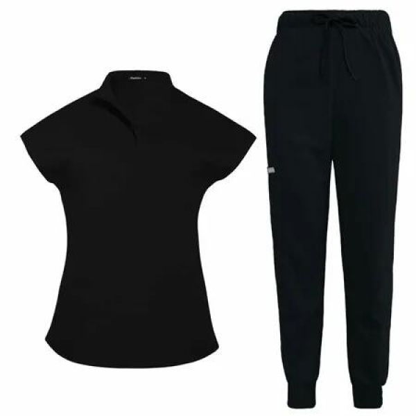 Scrubs Set for Women Nurse Uniform Jogger Suit Stretch Top & Pants with Multi Pocket for Nurse Esthetician Workwear (Black,Size:Medium)