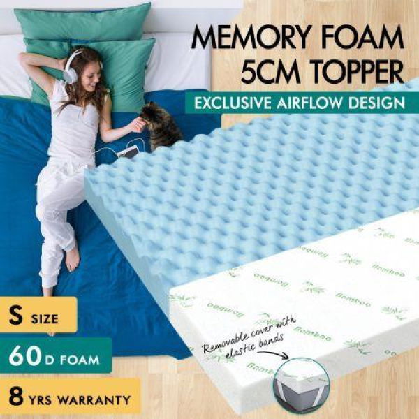 S.E. Memory Foam Mattress Topper Airflow Zone Cool Gel Bamboo Cover 5cm Single.