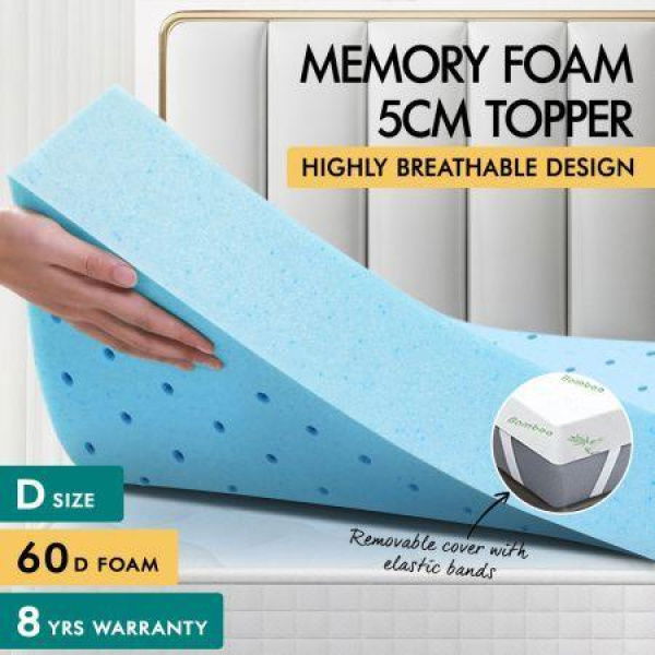 S.E. Memory Foam Mattress Topper Ventilated Cool Gel Bed Bamboo Cover 5 Cm Double.