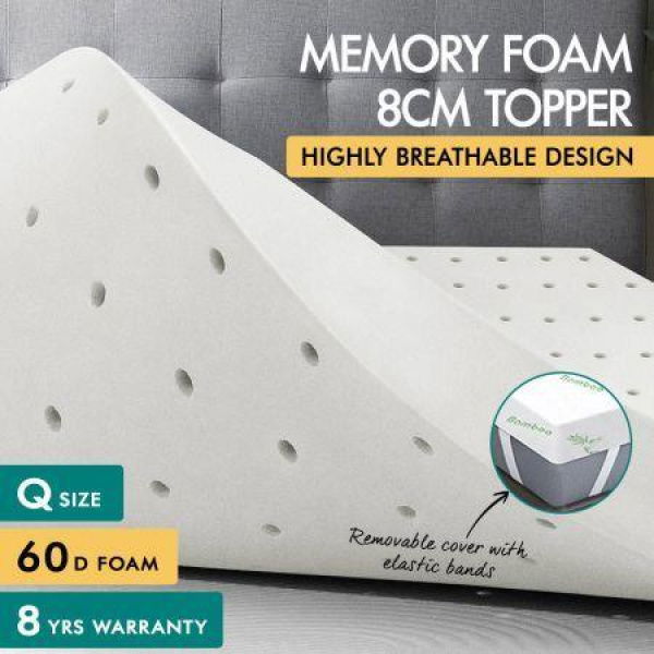 S.E. Memory Foam Topper Ventilated Mattress Bed Bamboo Cover Underlay 8 Cm Queen