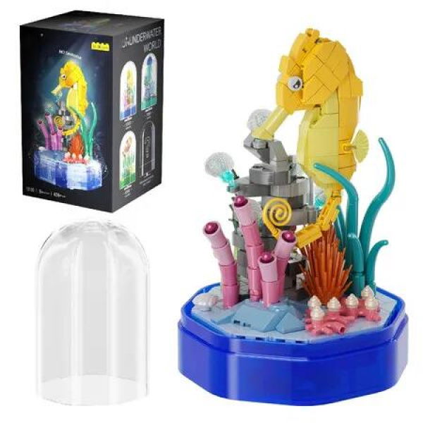 Sea Creature Collections Seahorse Building Sets with Seaweed and Coral 424 PCS Natural Style Ocean STEM Toy Music Box with Lights