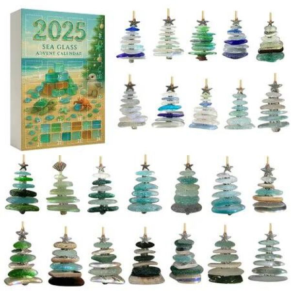 Sea Glass Christmas Tree Advent Calendar,24 Day Christmas Countdown Calendar with 24 2D Sea Glass Christmas Trees Pendant For Christmas Decoration