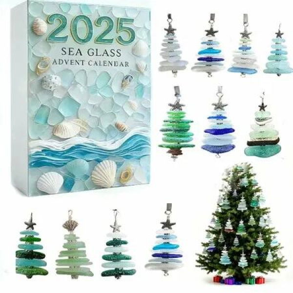 Sea Glass Christmas Trees Advent Calendar,Handcrafted Mini Xmas Trees Decoration Crafts Sea Glass Art,24 Days Christmas Countdown Calendar Ornament