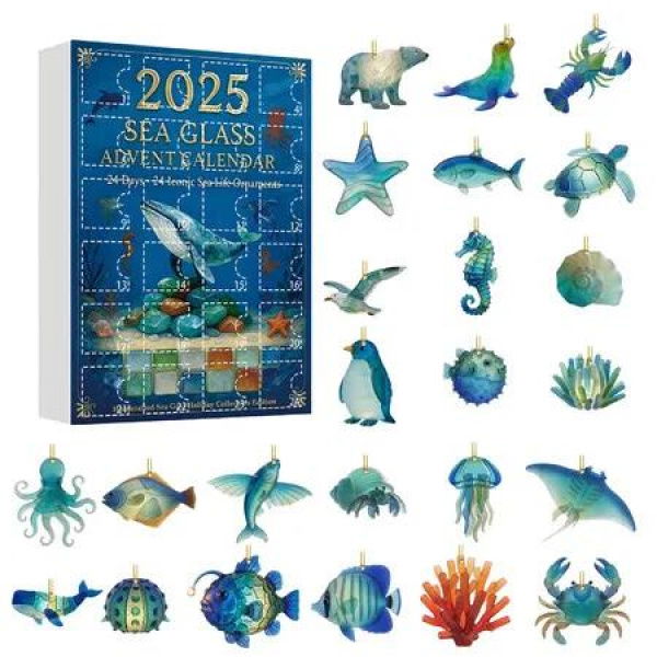 Sea Glass Marine Life Christmas Advent Calendar,24 Days Christmas Countdown Calendar,with 24 Ocean Animals Decoration,For Ocean Lovers,Kids Collectors