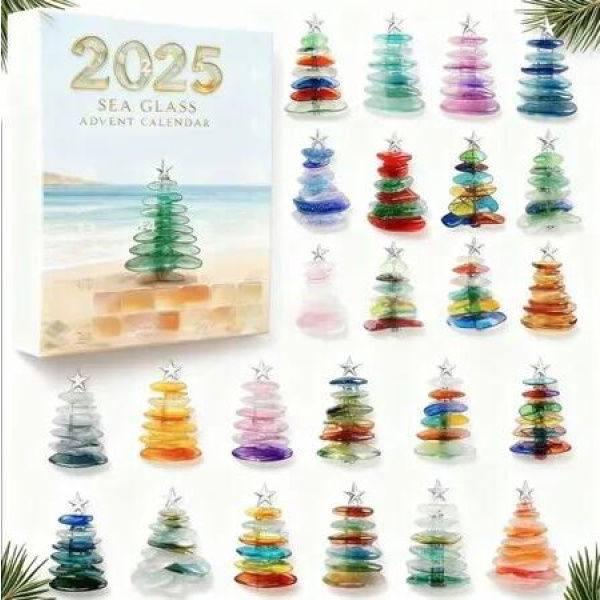 Sea Glass OceanAdvent Calendar 24DAYS Christmas TREE Collectable Advent Calendar Blind Box 2D Flat Acrylic Ornament Countdown Christmas Girls Gift