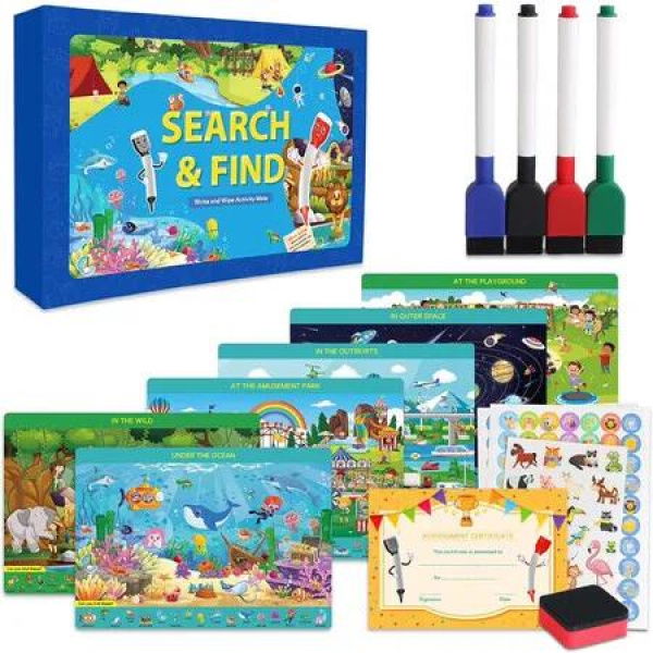 Search and Find Books For Kids,Reusable Education Toy Book,Find Hidden Pictures,Spot the Difference Cards,Board Book with Stickers