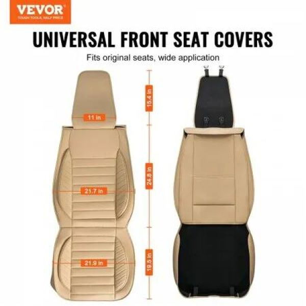 Seat Covers, Universal Car Seat Covers Front Seats, 2pcs Faux Leather Seat Cover, Semi-enclosed Design, Detachable Headrest and Airbag Compatible, for Most Cars SUVs and Trucks Beige