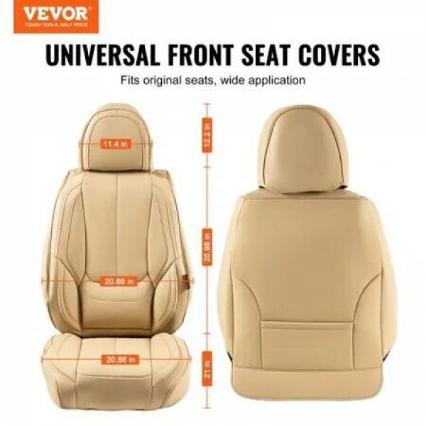 Seat Covers, Universal Car Seat Covers Front Seats, 6pcs Faux Leather Seat Cover, Full Enclosed Design, Detachable Headrest and Airbag Compatible, for Most Cars SUVs and Trucks Beige